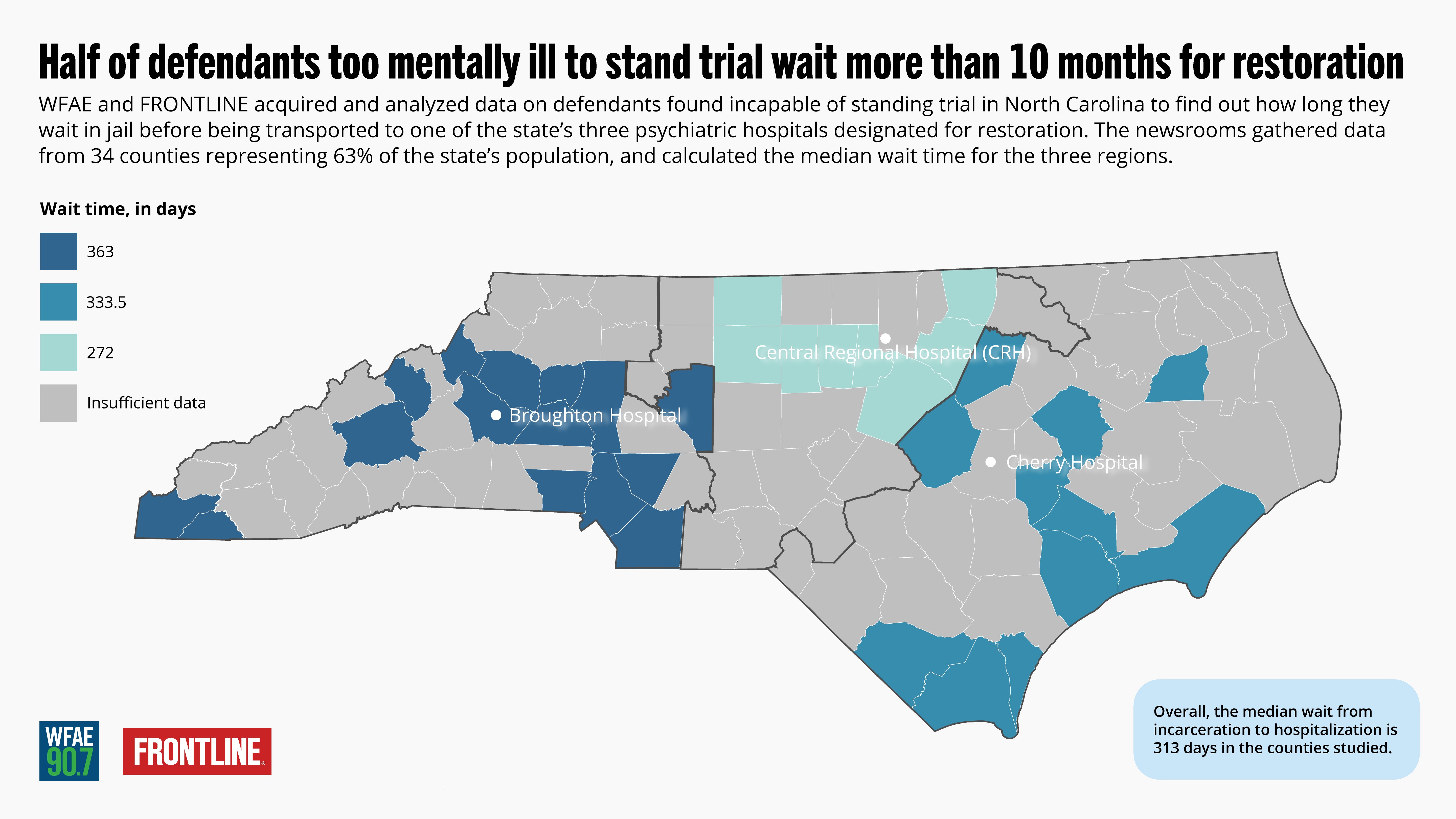 A map showing median waits for treatment for inmates for North Carolina's three psychatric hospitals