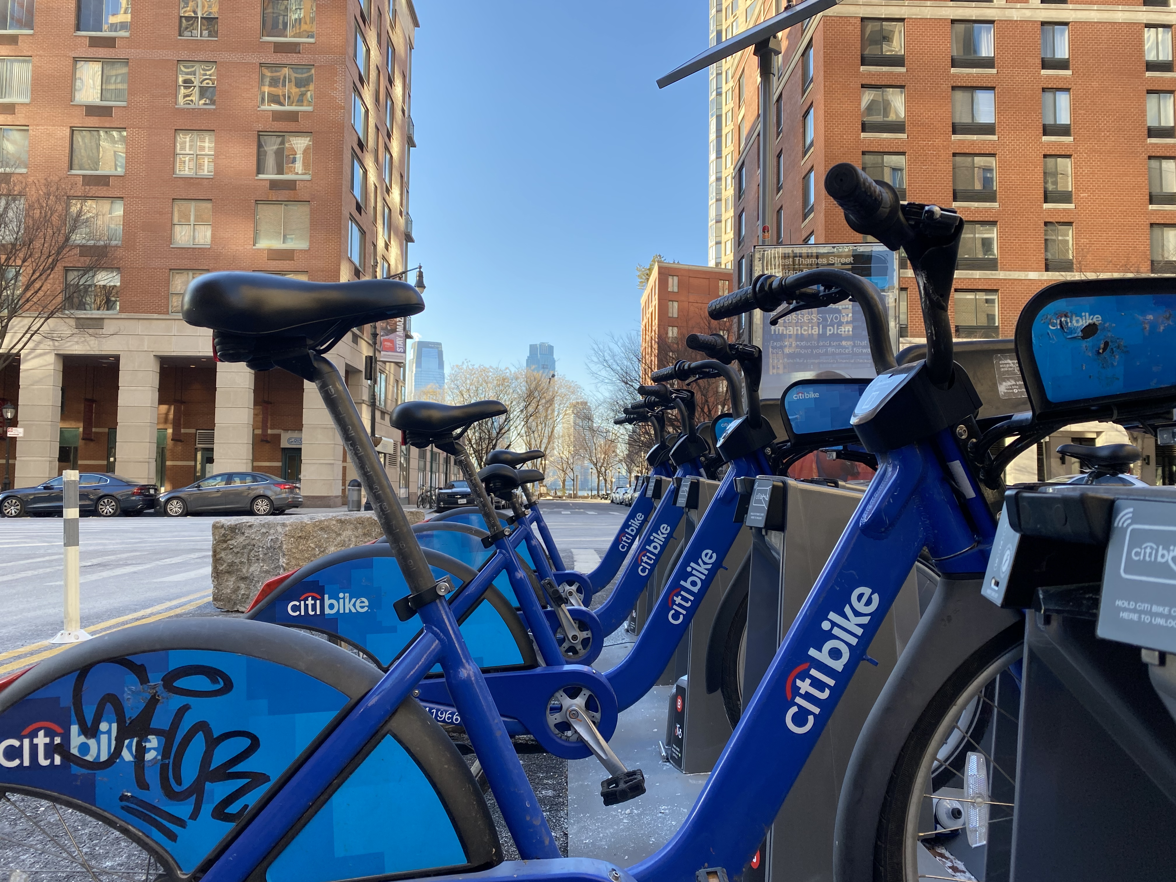 Photo of a row of docked CitiBikes